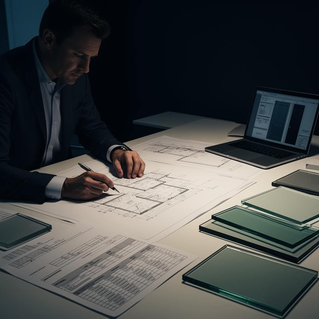 Real estate developer reviewing door specifications and glass panel samples