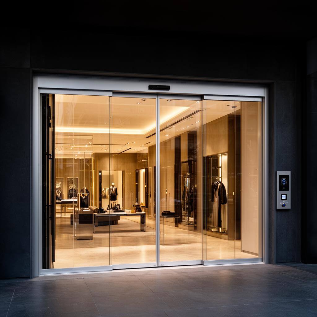 Premium glass sectional door with access control panel at commercial entrance